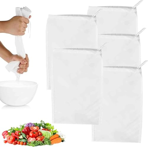 CNCZJM 5 Pack Nylon Nut Milk Bag,12×8“ Fine Mesh Cheese Cloths Multiple Usage Reusable Food Strainer Professional Cold Brew Bags for Straining, 100 Mesh Cheese Cloth Bag for Straining