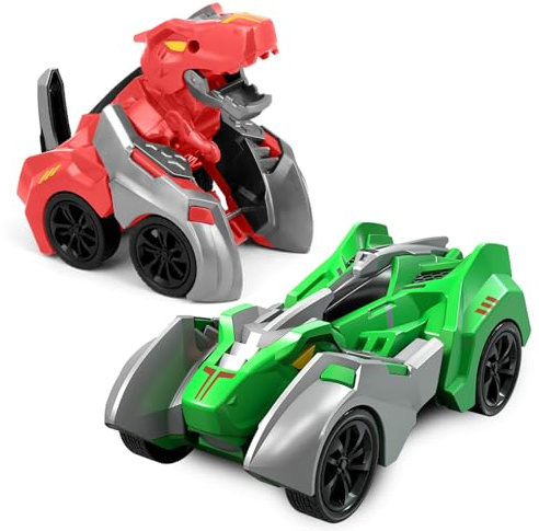 JICONEE Dinosaurier Spielzeug Auto für Kinder 3 4 5 6 Jahren,Rennauto Kollision Verwandeln Monster Truck,Dino Spielzeugauto ab 3 Jahre Jungen Mädchen Geschenke 2 Stück(Grün-Rot)