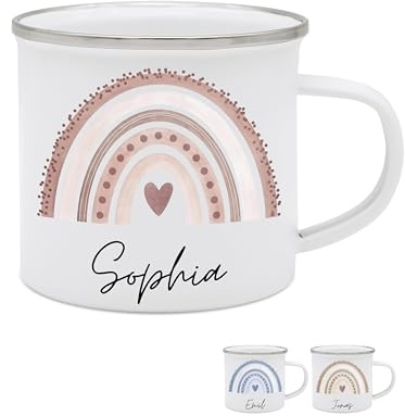 wunderwunsch - Personalisierte Emaille-Tasse - Emaille Tasse, Becher Mädchen, Schulanfang Geschenk, Kindergarten Trinkbecher, Cup f+r Kinder (Regenbogen rosa)