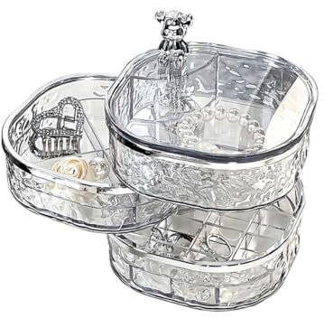 Schmuckkästchen für Mädchen, 3 Ebenen, transparent, drehbar, Schmuckaufbewahrung, kleine Schmuckschatulle, Ohrringhalter mit Deckel für Ohrring-Organizer, verschiedene Fächer für Ringe, Ohrringe