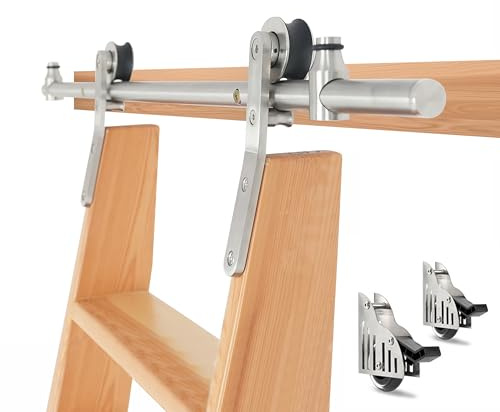 DIYHD 3,3 FT rostfritt stål glidande bibliotek stege hårdvarusats, bottenhjul med broms, 136 kg kapacitet, satinfinish (ingen stege)