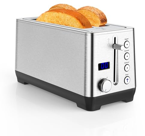 Pejevir Toaster 4 Scheiben, Doppel-Langschlitztoaster Brötchenaufsatz Krümelschublade LCD Display mit Restzeitanzeige, Edelstahl Toaster 6 Bräunungsstufen, 1500W, Bagel/Auftauen/Aufwärmen
