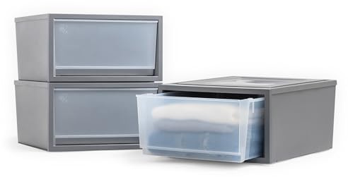 Iris Ohyama 3er-Set Stapelbare Kunststoff-Schubladen 32L, Schrank-Organizer für Kleidung & Hemden, Medium Aufbewahrungsbox, BPA-Frei, Dunkelgrau, BC-NS-500