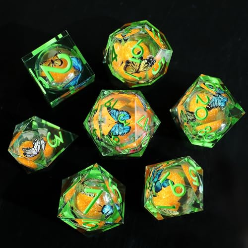 Liquid Core - Set di dadi poliedrici in resina con bordi affilati, 7 pezzi, per giochi di ruolo di D&D, a tema farfalla