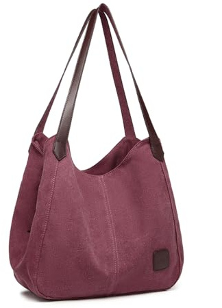 Kono Bolso de hombro de lona para mujer, vintage, múltiples bolsillos, asa superior, para compras, trabajo, escuela, viajes, casual, diario, burdeos, M