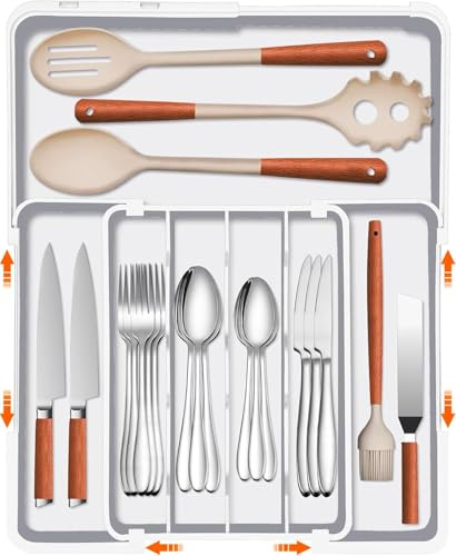 ZHUlYIWIN Besticklåda för lådor, justerbara lådor arrangör kök med 2 knivhållare, utbyggbar bestickinsats för lådor cutlery Organizer kökshus av plast (vit-X)