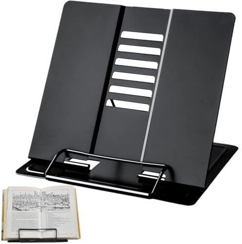 Atril Libros Metal con 6 Ángulos Ajustables, Soporte Libro Leer Plegable Multifuncional, Soporte Libro Receta para Cocina, Apoya Lectura para Libros Música, Documentos, Oficina, Partituras (Negro)