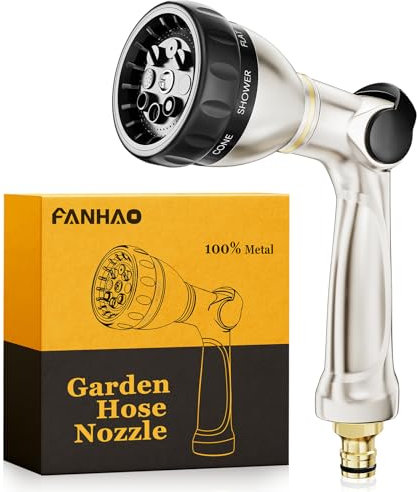 FANHAO Professionelle Gartenschlauch Spritze,Hochdrucksprühdüse, 100% Metall Gartenbrause mit 8 Sprühmustern, Daumensteuerung,Ein/Aus-Ventil für Rasen-und Pflanzenbewässerung,Haustier- und Autowäsche