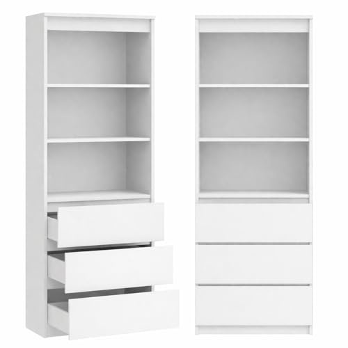Armadietto multiuso con 3 cassetti, 3 scomparti, libreria, schedario, armadio per ufficio, armadio per la casa, 180 x 60 x 35 cm (bianco)