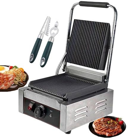 KJZQXYX Sandwich Press Grill + Fish Scaler + Corkscrew, Electric Contact Grill with Adjustable Temp 50-300℃, Non-Stick Sandwich Toasters (Grooved)
