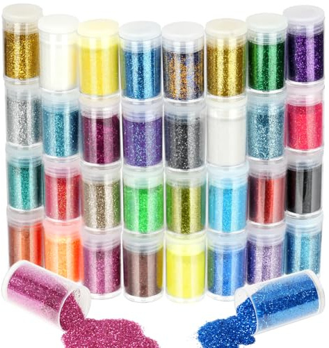 URAQT 32 Farben Glitzerpulver Set, Glitzer Basteln Glitzerpuder Bunte Glitzer Pulver zum Festival Glitzer Basteln FüR Dekoration,ManiküRe,Haare,Make Up,Karten,Papier,Partys,Bastelarbeiten
