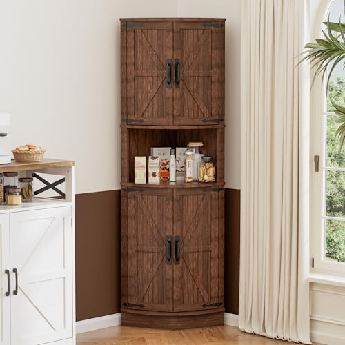 BonVache 165cm Tall Corner Storage Cabinet with Barn Doors, 5-Tier Farmhouse Corner Cabinet for Living Room, 4 Wooden Doors and 5 Shelves, Space Saving Freestanding Sideboard for Home, Kitchen,Brown