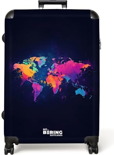 NoBoringSuitcases© Koffer XL Groß Reisekoffer mit Rollen Leicht Trolley | 77x51.5x28 cm - großer Hartschalenkoffer Rollkoffer L Größe Weltkarte - Bunt - Graffiti