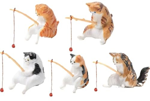 Hrnytdek 5 Pcs Cat Fishing Aquarium Ornaments, Creative Fish Tank Micro Kitten Fishing Rod Edge Hanging Decoration, Cat Ornament Work for Aquarium Tanks Desk Yard Pond Indoor Outdoor Small Sculpture