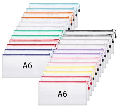 24 Stück Dokumententasche A6, Reißverschlusstasche Dokumentenmappe | Wasserdichte Dokumententaschen mit Reißverschluss für Datei Prüfungsunterlagen Bücher Quittungen (12 Farben)