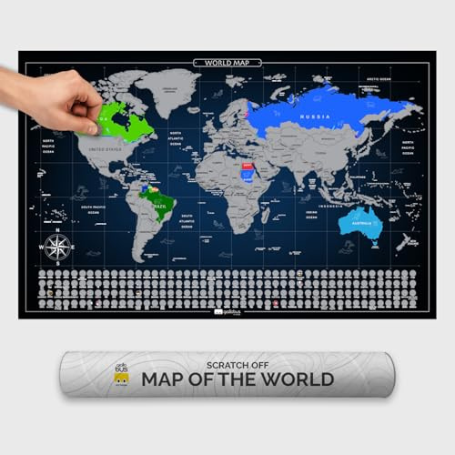 Giallobus - Rubbel-Weltkarte - Rubbelkarte Welt - Beschichtetes Papier - 68L x 43,5l cm - 04 - Map of the World - Rubbelkarte mit Flaggen - Silber