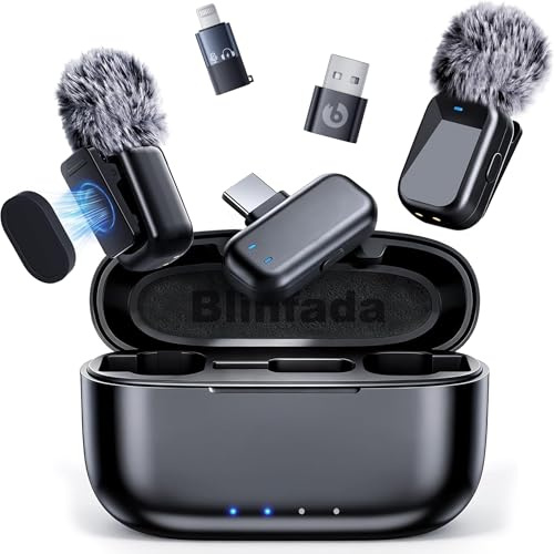 Blinfada Mini Wireless Lavalier Microphone for iPhone Android Camera, Dual Channel Wireless Microphones with AI Noise Cancellation, 328ft Range, 36H Battery Case, Type-C, Lightning & USB Plug & Play