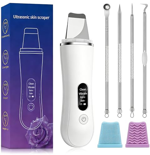 XWLEYW Skin Scrubber Ultrasonic Exfoliating Device, 4 Modes Blackhead Remover Tools for Facial Skin, Electric Blackhead Scraper with Silicone Covers and Removal Kit