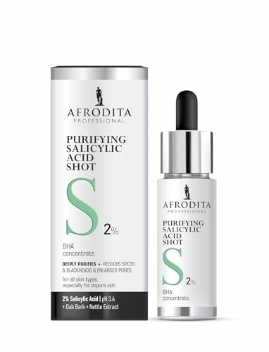 Afrodita Professional Sérum à l'acide salicylique à 2 % de BHA, nettoyant pour les pores des points noirs et impuretés, sérum exfoliant en gel léger, avec écorce de chêne et ortie, sans paraffine