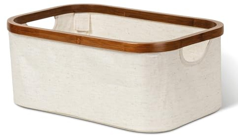 Bigso Aufbewahrungskorb aus Bambus & Stoff, faltbar, kompakter Storage Basket mit Griffen, stabiler Rahmen, vielseitiger Ordnungshelfer für Regal, Bad, Büro & Haushalt