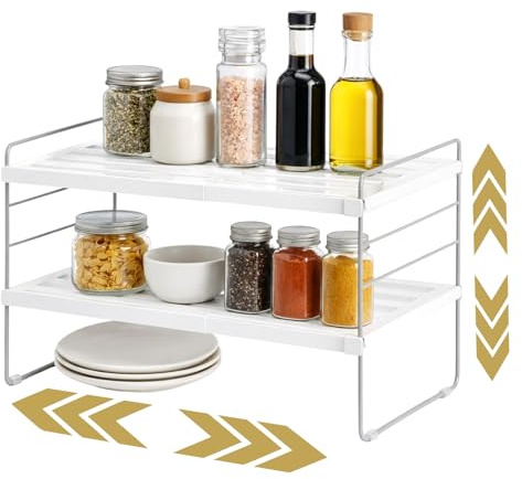 HPVERDALIVING Expandable Cupboard Organiser, 2-Tier Adjustable Kitchen Shelf Rack for Plates, Spices & Bottles – Sturdy Countertop & Cabinet Storage Rack, Tool-Free Assembly