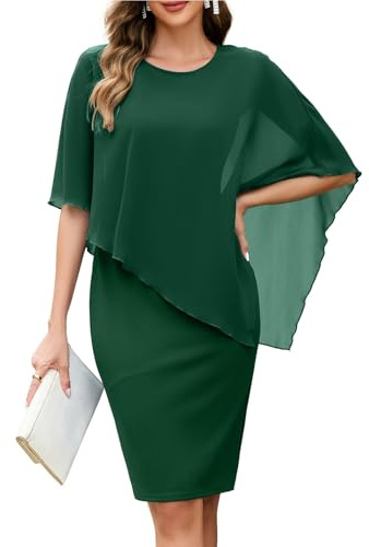 MISSJOY Women's Chiffon Crew Neck Cape Sleeveless Cocktail Midi Dresses | Mother of The Bride Dresses, Stretch Knit, Soft Fabric, Knee Length, Back Slit, Formal, Church, Wedding Guest, Office