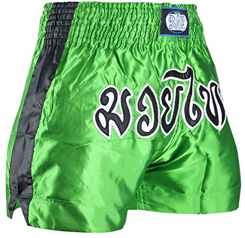 BAY Remy Thaiboxhose Kickboxhose Muay Thai Hose kurz aus Polyester mit traditioneller Thaischrift Grün/Schwarz für Damen, Herren, Kinder, Erwachsene, Mädchen, Jungen Größe L