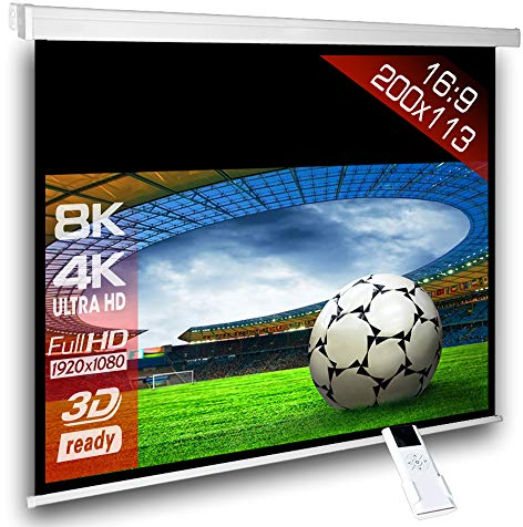 Alphavision SlenderLine Schermo per proiettore motorizzato 200x113cm Formato 16:9 con radiocomando per installazione a parete o soffitto FULL-HD 4K Ultra HD 2D/3D