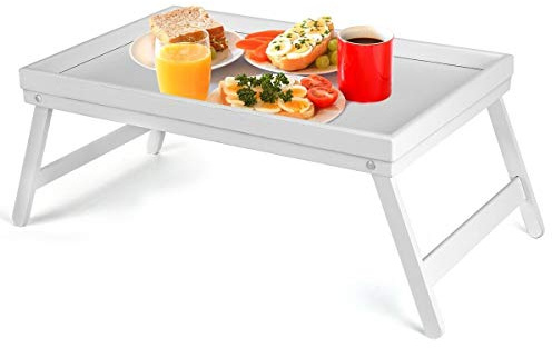 Vencier Bamboo Bed Tray, Folding Legs, Raised Edge, For Breakfast in Bed and Serving, HWD: 22x64x31cm, White (White)