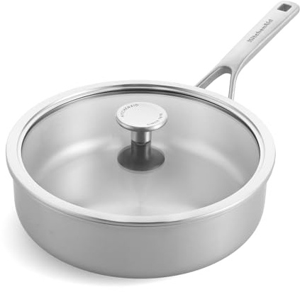 KitchenAid Multiply 3PLY Stainless Steel 24 cm/3.1 Litre Sauté Pan with Tempered Glass Lid, PFAS Free, Triply, Multiclad, Induction Suitable, Oven Safe up to 220°C, Silver