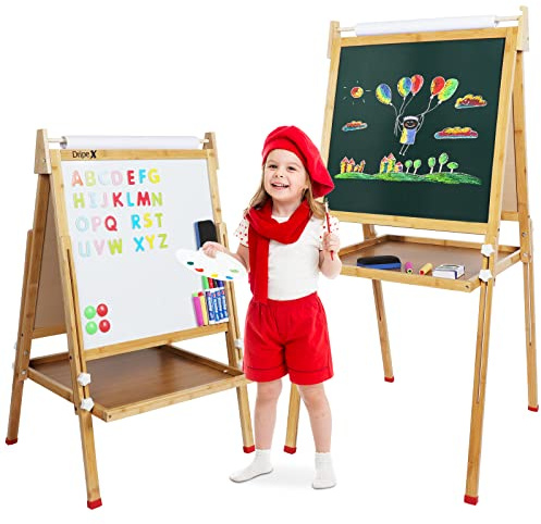 Dripex Kids Easel with Paper Roll, Double-Sided Childrens Art Easel Bamboo | Magnetic Blackboard & Whiteboard, Adjustable Chalkboard Easel, for Kids and Toddlers, with Painting Art Supplies