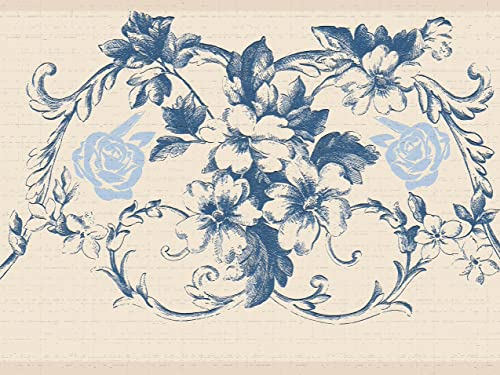 Dundee Deco DDAZBD9108 - Carta da parati con bordo in stile retrò, motivo damascato, con fiori e viti blu, 4,57 m x 17,78 cm, autoadesivo, 4,57 cm