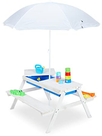 Relaxdays Grupo Mesa Pícnic Infantil con Sombrilla, Mesita Niños con 2 Bancos Madera, para Juegos con Arena y Agua, Blanca, Poliéster, 49 x 86 x 92,5 cm