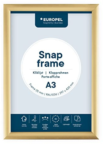 EUROPEL leichte Klapprahmen DIN A3, Easy-Click System, Profil 25x11 mm, Farbe Gold, eloxierte Aluminium und blendfreie Schutzfolie, Außenmaß 328x451 mm, grau Polystyrol Rückseite
