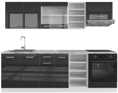 Vicco Küchenzeile R-Line, Anthrazit Hochglanz/Weiß, 240 cm | 10 Module · Höhenverstellbare Füße · Ohne Arbeitsplatte · Robuste Fronten · Mit Herdumbauschrank · Frei kombinierbar