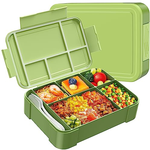 WayEee Lunch Box, Fiambrera Comida Compartimentos Caja De Bento Almuerzo De Plástico 1300ml Fiambreras Comida Trabajo Sin Bpa (Verde)