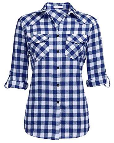 Zeagoo Mujer Camisa Mujer Cuadros Manga Larga Blusa Trabajo Camisetas con Cuello Botones Verano Casual Tops Shirt Básico para Primavera Otoño Invierno S-3XL