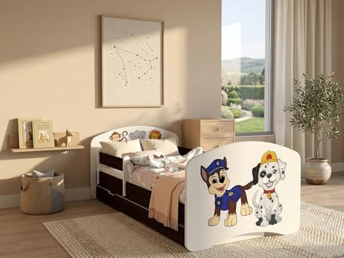 Happy Babies Bett für Kinderzimmer 160x80 mit Schublade, Bett und Matratze für Mädchen, Kinderbett mit Schutz vor dem Herausfallen und Einer Schublade, Einzelbett, Hundemotiv, Junge - Weiss (Venge)