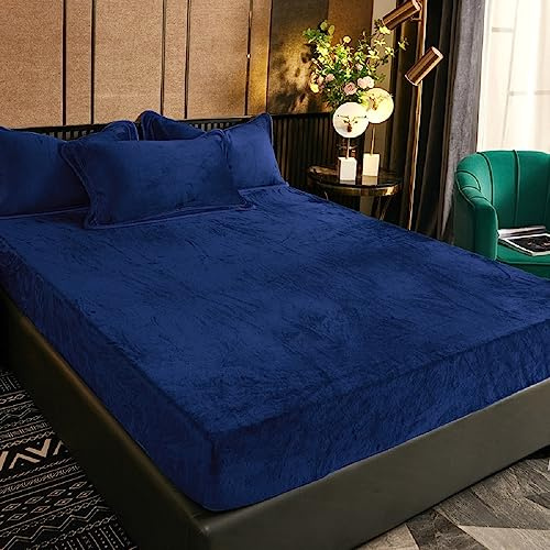 Lenzuolo con angoli elasticizzati invernale in peluche, 200 x 200 cm, per letto a molle, in velluto, blu scuro, caldo, in spugna, con angoli elasticizzati, 200 x 200 cm, per materasso alto, altezza