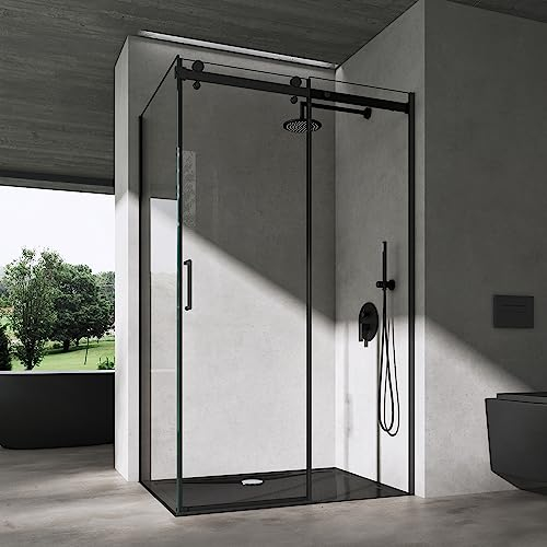 doporro Duschkabine mit Schiebetür Eckdusche 80x120x195cm Duschabtrennung schwarz 8mm ESG-Sicherheitsglas Klarglas inkl.Nano-Beschichtung Ravenna19