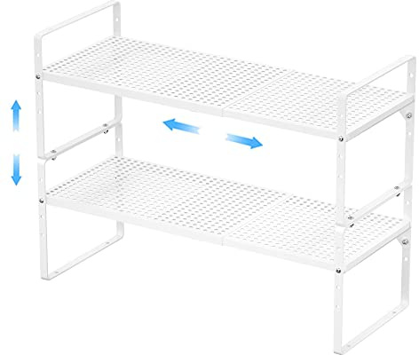 GEDLIRE Erweiterbarer Schrankregal Küchenregal Organizer, stapelbarer Metall Gewürzregal Regaleinsatz Schrank-Organizer Regal, Küche Aufbewahrung Lagerregal für Zuhause, Speisekammer, 2er Set, Weiß
