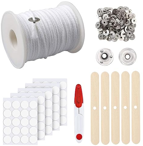 ALLAVA 6100cm Kerzendocht, Dochte für Kerzen mit 100 Stück Dochthalter, 100 Stück Kerzen Sticker, Rauchfrei Kerzendochte für Kerzen, Cotton Candle Wick für DIY Kommunionkerze Duftkerzen Öllampen