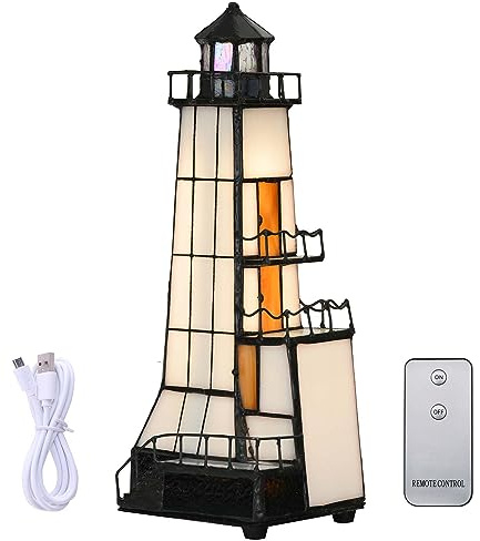Bieye L30779 Leuchtturm-Tischlampe im Tiffany-Stil mit Buntglas-Akzent, für die Heimdekoration (Braun, 10x15x28 cm)