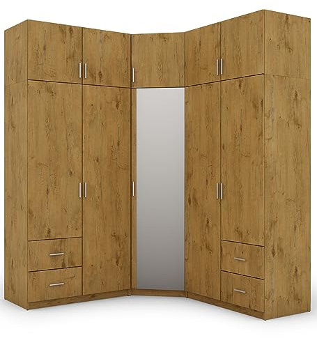 e-Meblast - 3-teilige Eckschrank - 189x240x54 cm - Mit Spiegel - Schlafzimmer, Wohnzimmer Eck Ecke Eckeschrank - 20 Einlegeböden - 4 Schubladen - 3 Kleiderstange - Schrank - PVC-Kante - Lancelot Eiche