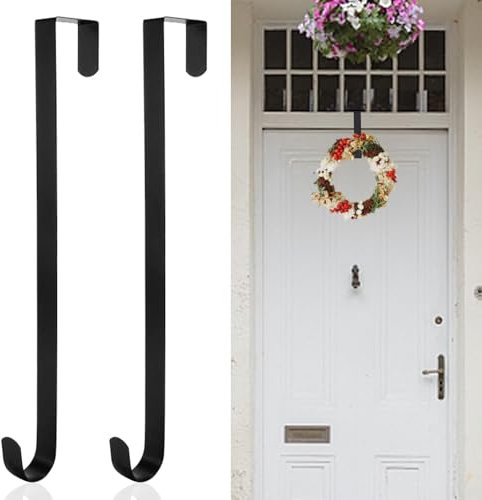 JEKUGOT 2 Pack Door Hooks, Black Metal Wreath Hanger, Christmas Wreath Hook, Halloween Over Door Hook, Suitable for Christmas Halloween Easter Decorations