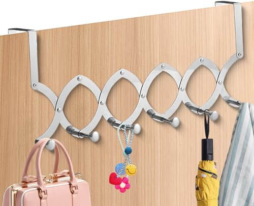 Tissting Türgarderobe Erweiterbar 10,5cm bis 57cm 6 Haken Edelstahl - Platzsparende Wandmontage für Kleider und Wäsche, Ohne Bohren, Für Türen bis 4,5cm