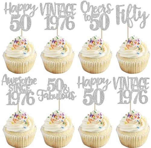 Xsstarmi 24 Pack Vintage 1976 Cupcake Toppers Glitter Cheers to 50 Years 50 Fabulous Fifty Birthday Cupcake Picks for Happy 50th Birthday Wedding Anniversary Party Cake Decorations Silver