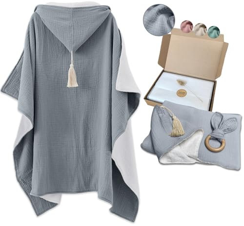 Kapuzentuch Baby Geschenkset zur Geburt Taufe Babyparty Babyset Badetuch Beißring Mädchen & Junge Handtuch mit Kapuze Neugeborene und Kinder Bio Baumwolle Musselin Frottee (Grau)