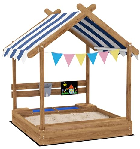 Outsunny Sand Pit Wooden Sandpit Kids Sandbox House for Outdoors, Gardens with Canopy, Liner, Blackboard, Sink, Seats, Flags, for Ages 3-7 Years - Brown