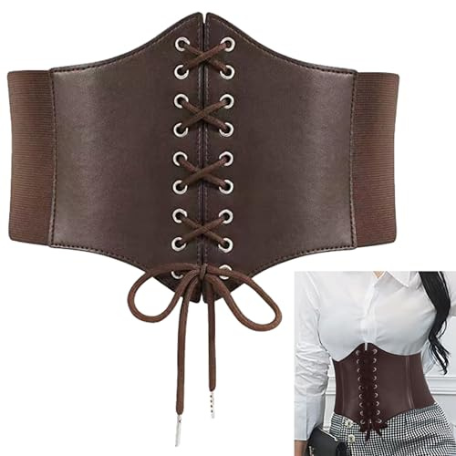 GNAUMORE Bälte kvinnors piratkorsett, bred elastisk midja läderrem, bredd elastisk korsett, midja spets korsett, bälte, piratbälte, retro korsett, midja snörning bälte, Brun, M